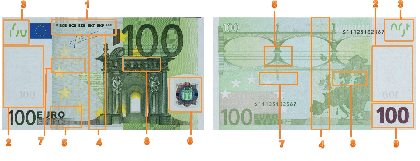 Как отличить евро. Евро банкноты номинал 200. Банкнота 100 евро подлинность. 100 Евро степени защиты. Купюра 100 евро признаки подлинности.